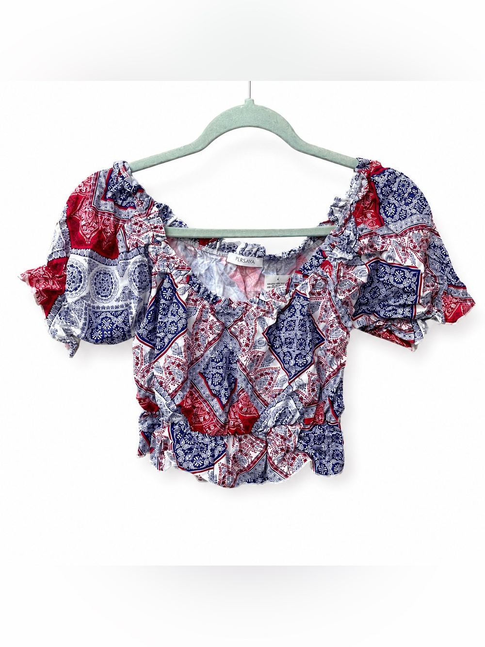 Persaya Women’s Small Boho Crop Top Red White Blue Puff Sleeve Ruffle Blouse
